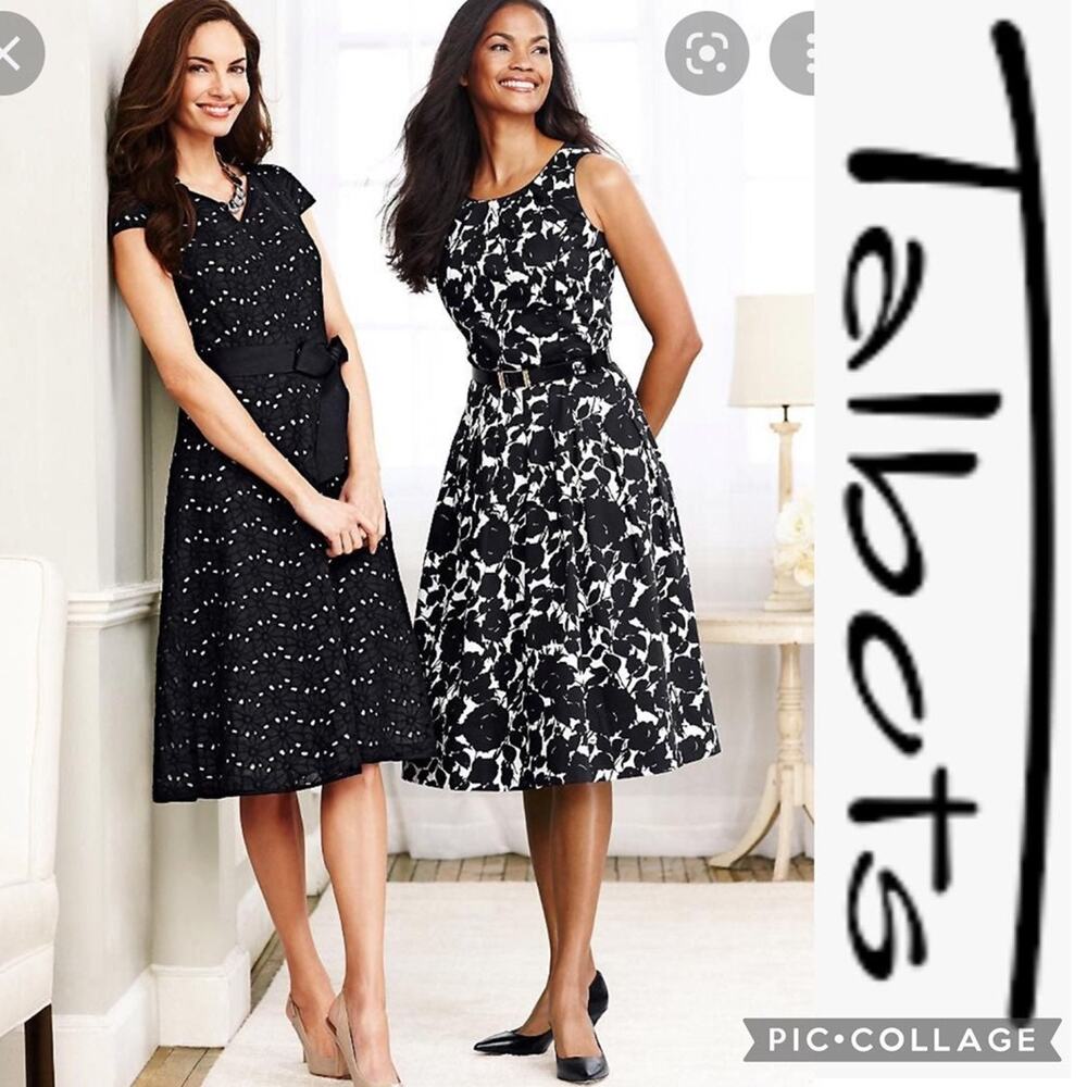 TALBOTS Black Daisy Eyelet Dress with white underneath & ribbon belt size 6